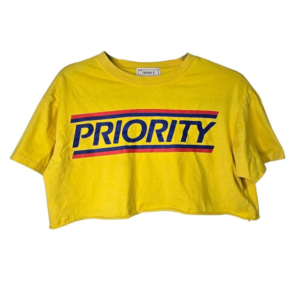 Y2K Forever 21 USPS Priority Mail Crop Top – Small, Yellow Graphic Tee